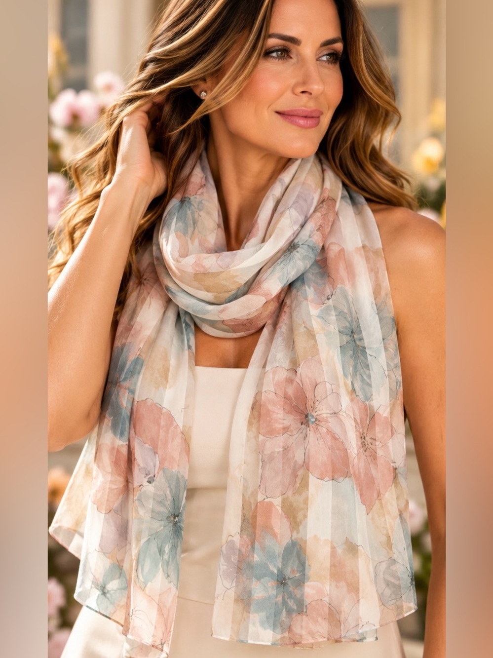 Vintage Pastel Floral Sheer Scarf Striped Long Lightweight Romantic Boho Wrap